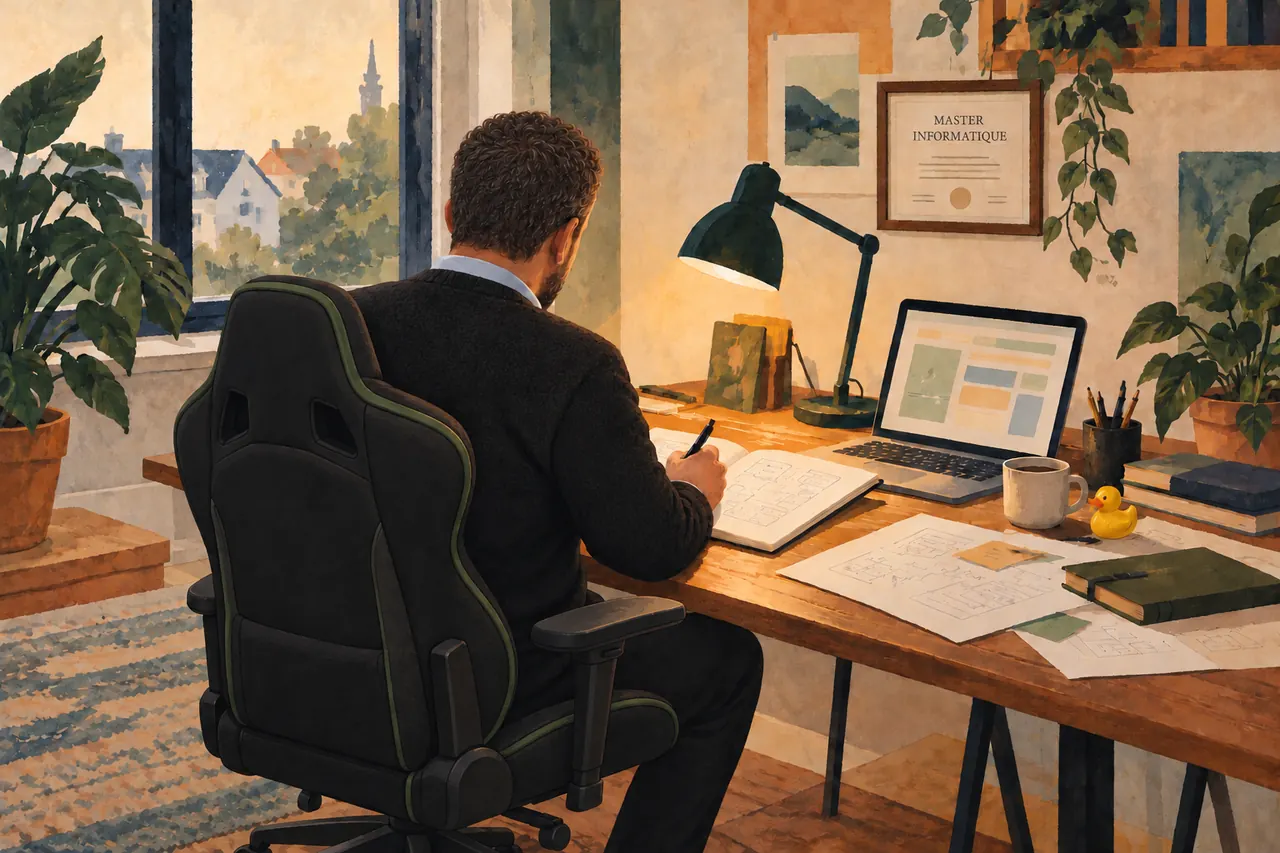Illustration du fondateur aux cheveux courts bruns parsemés de blanc, vu de dos en gilet noir et chemise bleu clair, installé sur un siège gamer à son bureau avec un petit canard jaune et un diplôme de master informatique au mur.