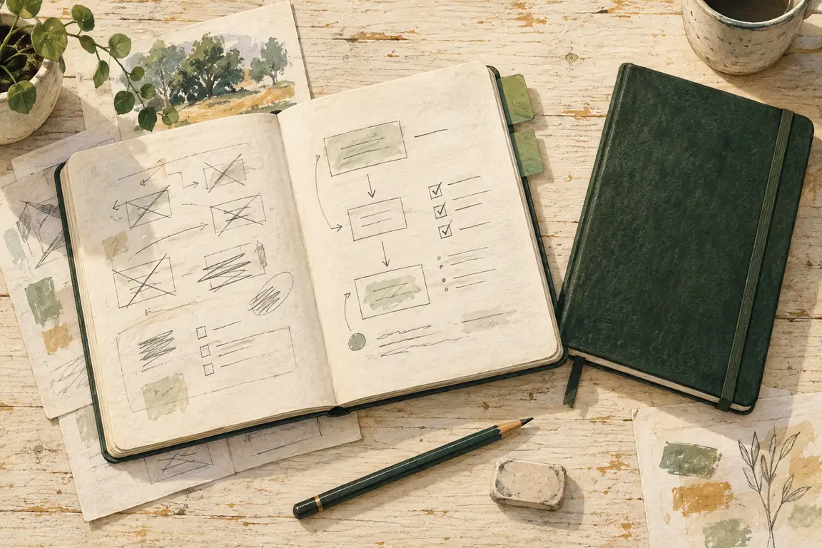 Illustration originale : un carnet de travail avec des essais corrigés, des étapes organisées et un second carnet prêt à être partagé.
