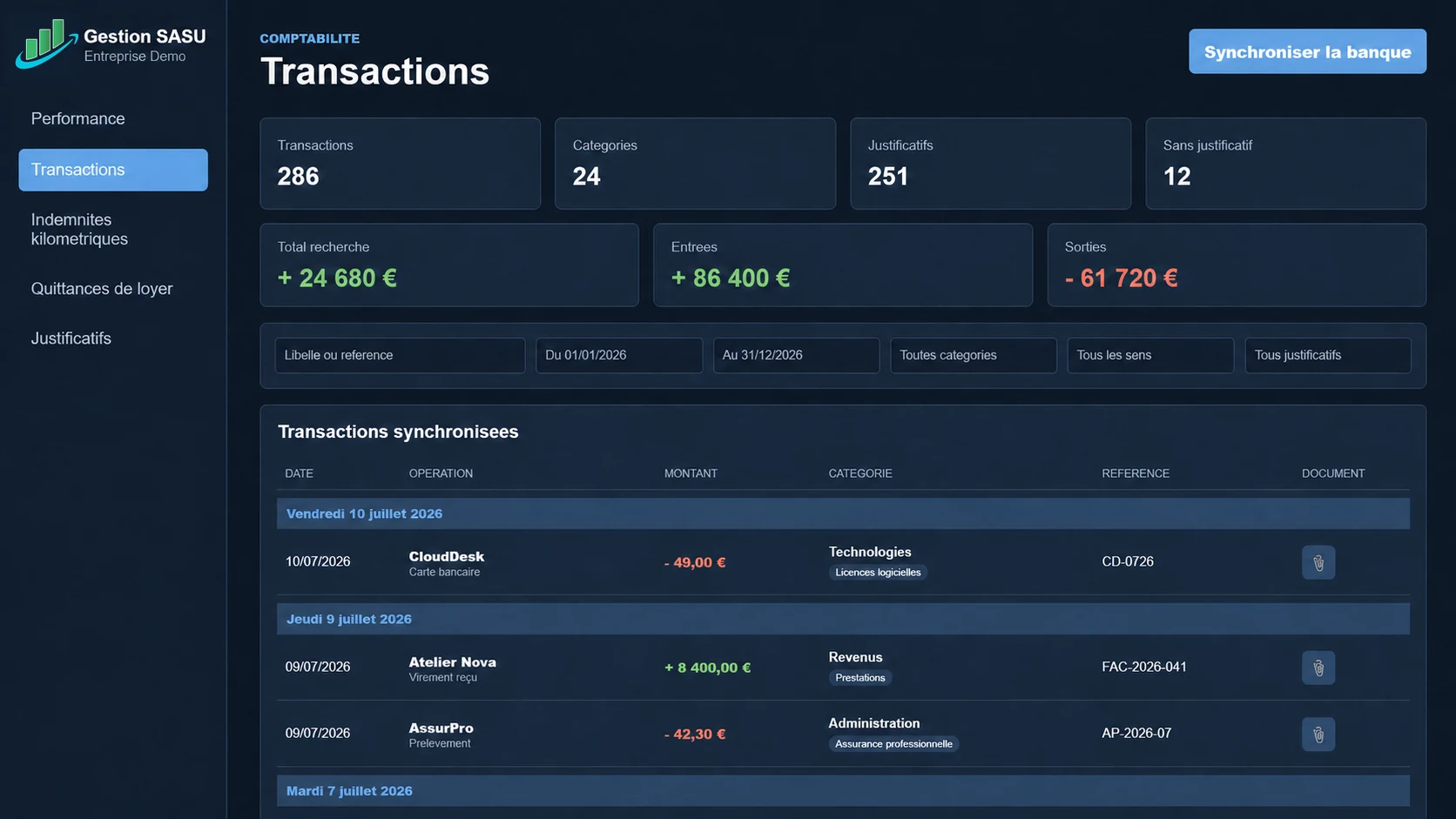 Écran Transactions de Gestion SASU