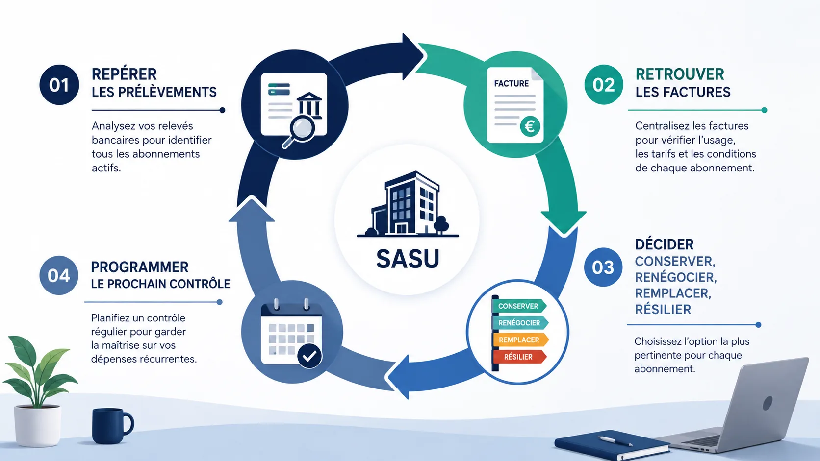 Infographie du cycle de contrôle des abonnements logiciels en SASU
