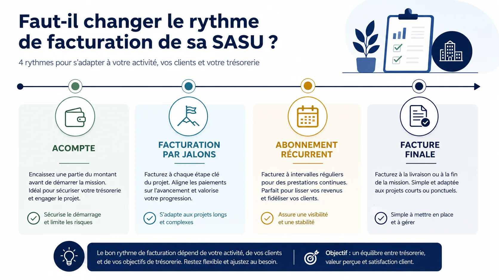 Infographie comparant les rythmes de facturation possibles pour une SASU