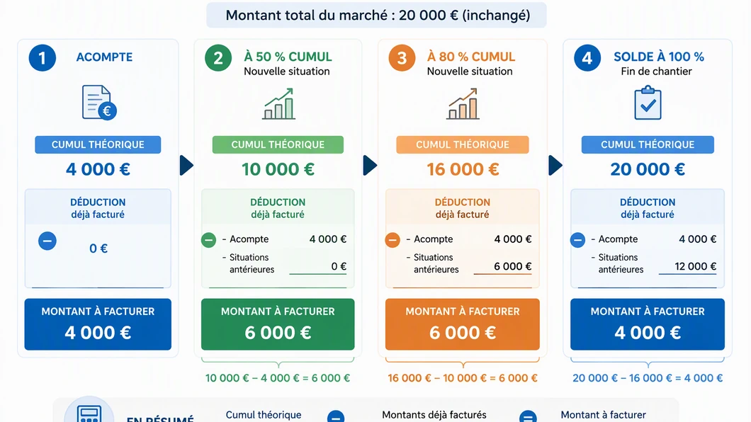 Infographie du calcul cumulatif : acompte de 4 000 €, deux situations de 6 000 € et solde de 4 000 € sur un chantier de 20 000 €.