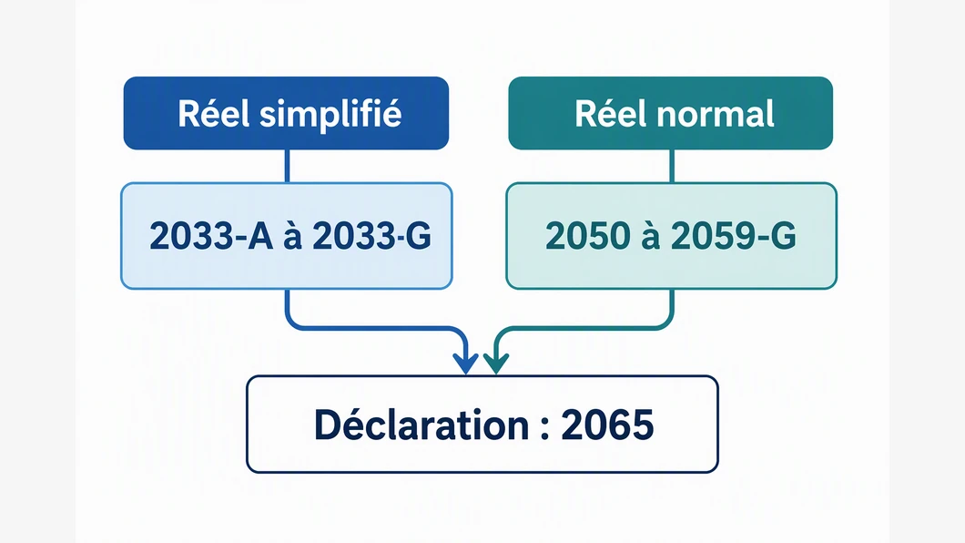 Infographie reliant le formulaire 2065 aux annexes 2033 du régime simplifié et 2050 à 2059-G du régime normal.