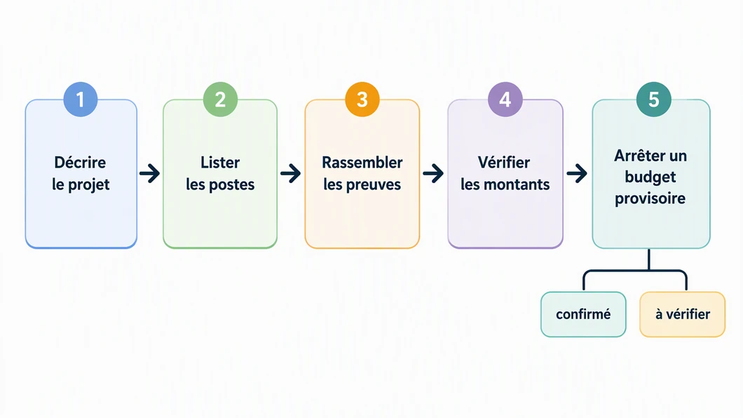 Infographie en cinq étapes pour préparer le budget de création d’une SASU et distinguer les montants confirmés de ceux à vérifier