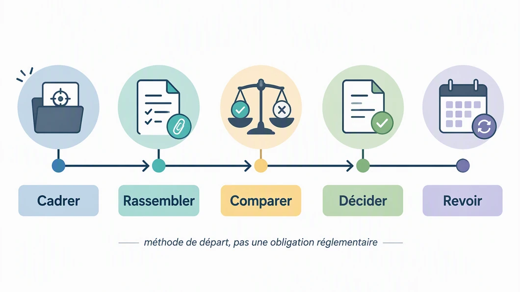 Infographie en cinq étapes : cadrer, rassembler les données, comparer, décider et revoir.