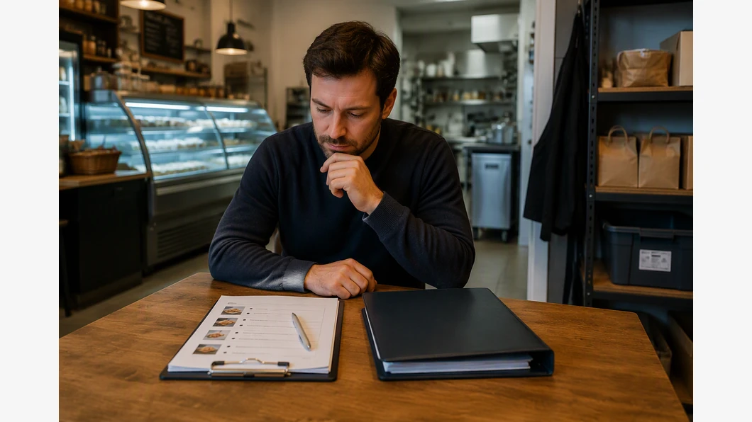 Une personne examine les équipements d’un commerce et un dossier de société pour distinguer les périmètres d’une reprise.