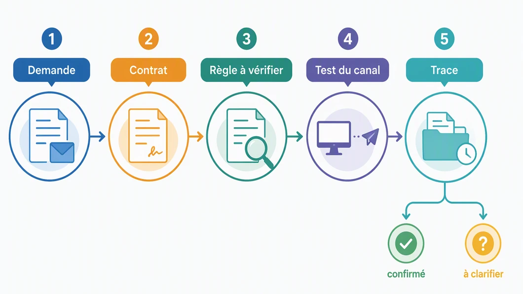 Infographie en cinq étapes pour vérifier une demande de facture électronique : demande, contrat, règle, canal et trace