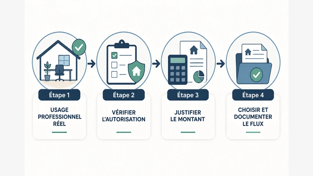 Infographie résumant les vérifications avant de choisir entre loyer et mise à disposition gratuite d’une pièce à la SASU.