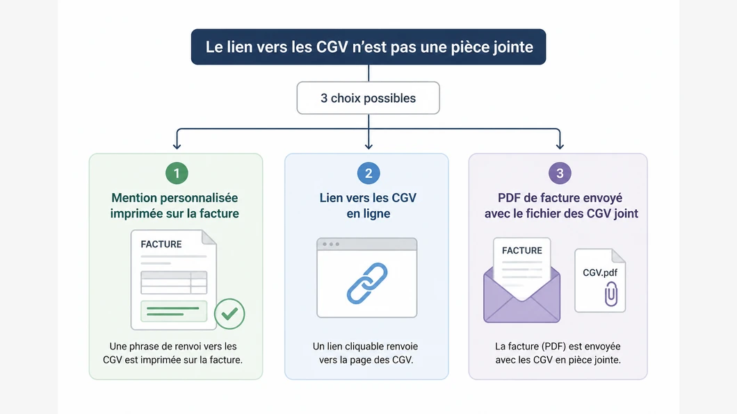 Infographie comparant une mention sur facture, un lien vers les CGV et l’envoi séparé d’un fichier joint.