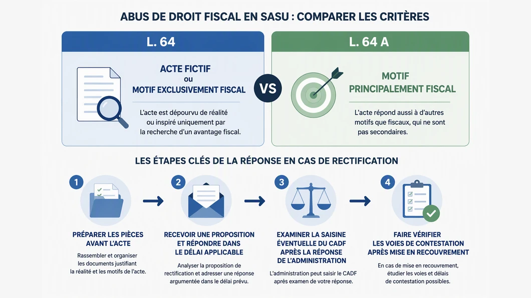 Infographie comparant les critères des articles L. 64 et L. 64 A du LPF et les étapes d’une réponse.