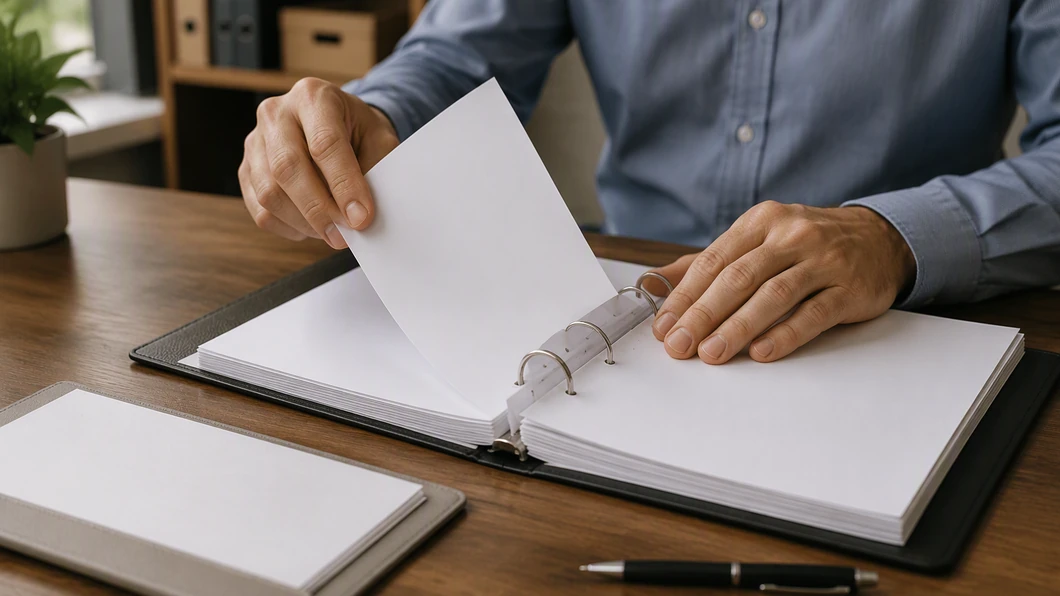 Une main classe un document neutre dans un registre de suivi des mouvements de titres.