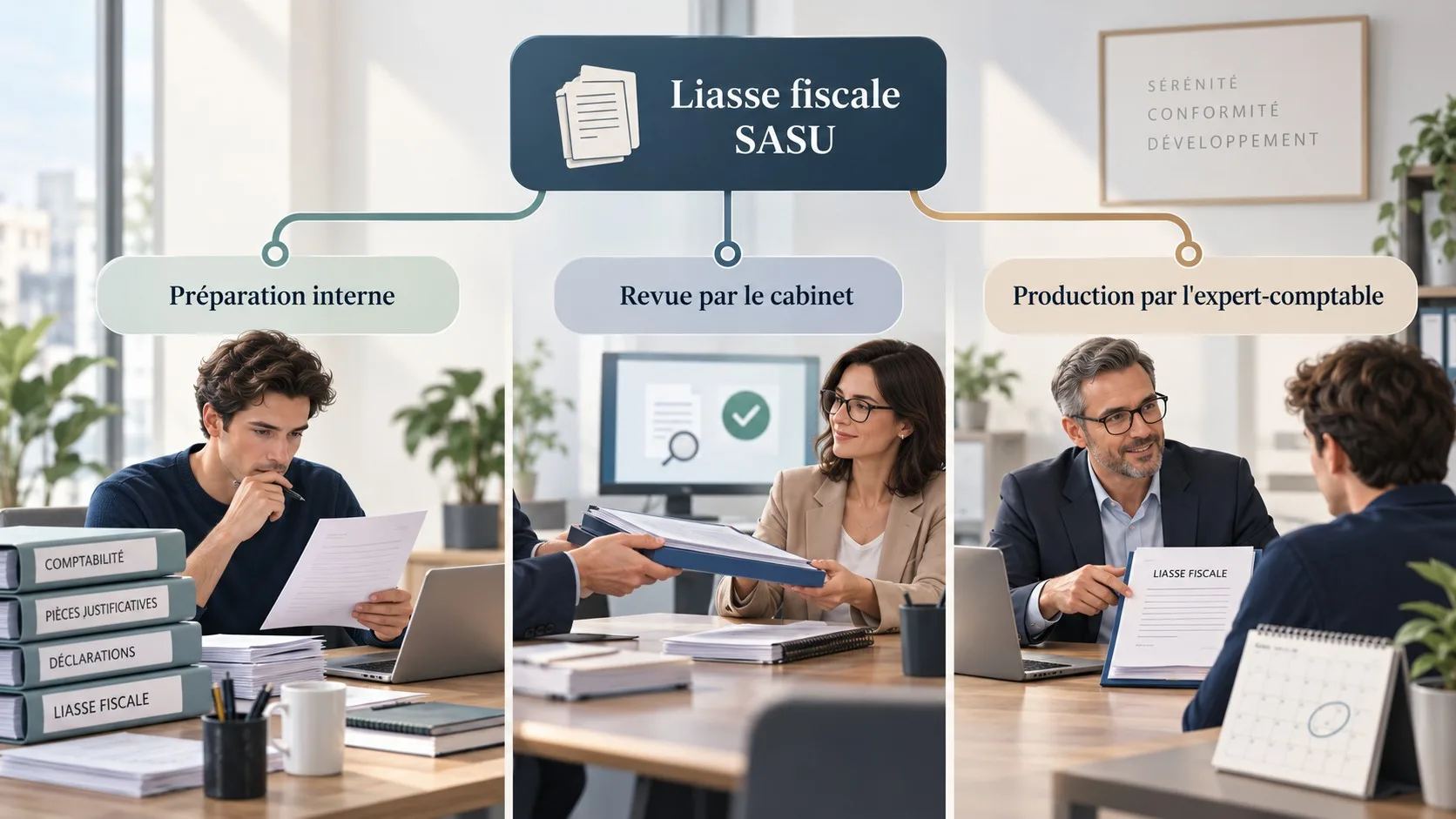 Schéma de décision montrant trois options pour préparer la liasse fiscale d’une SASU.