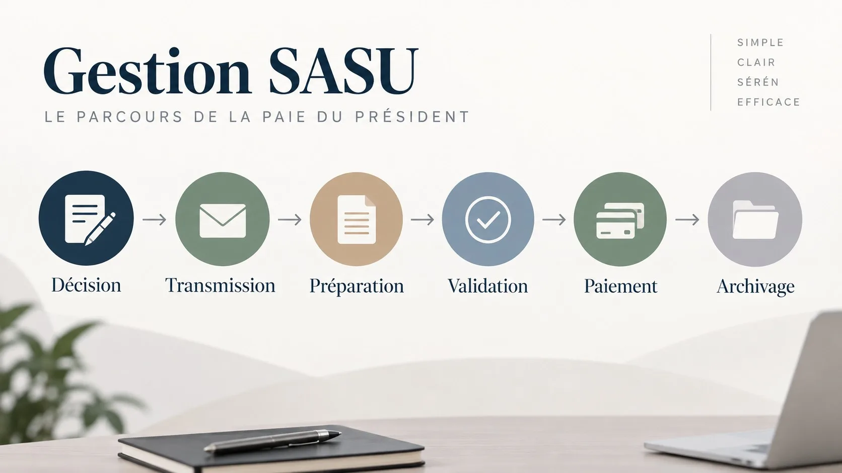 Infographie du circuit de paie du président de SASU entre décision, transmission, validation, paiement et archivage.