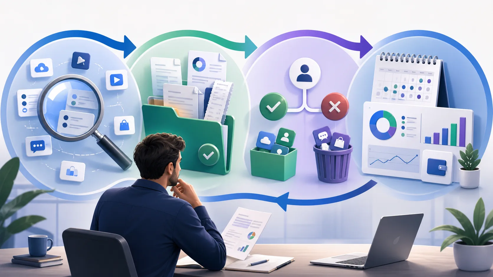 Infographie montrant le cycle de contrôle des abonnements logiciels d’une SASU : repérer, documenter, décider, suivre