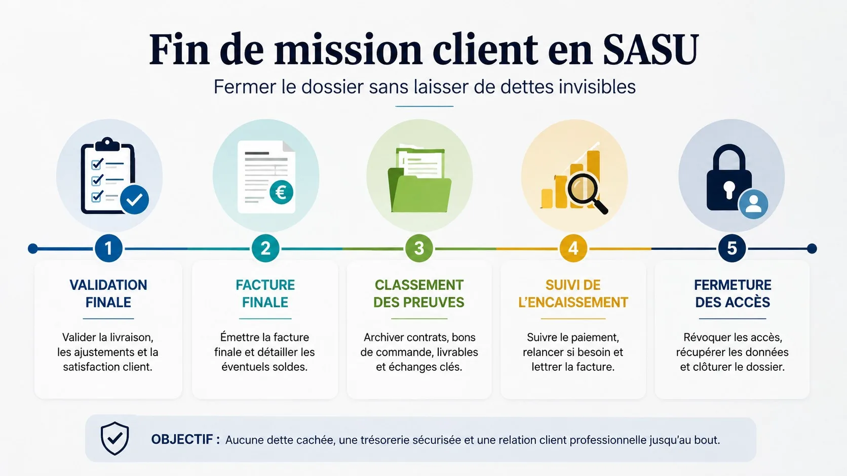 Infographie de la chronologie de fermeture d’une mission client en SASU.