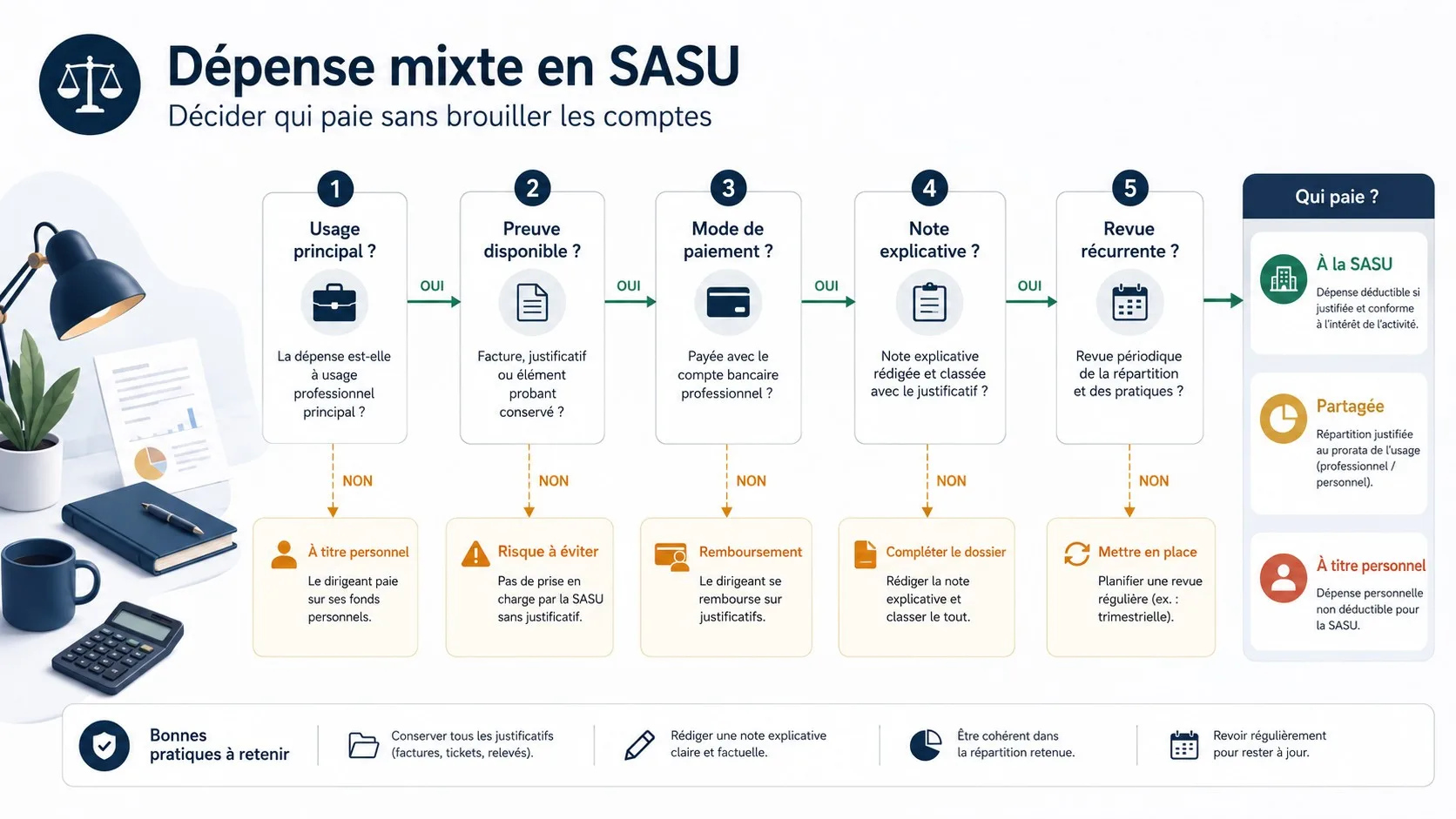 Infographie montrant l’arbre de décision pour traiter une dépense mixte en SASU.