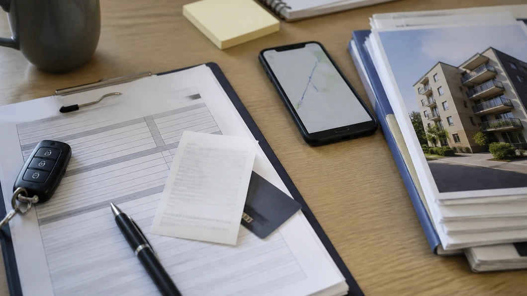 Fiche de déplacement et justificatifs classés sur un bureau de gestion locative