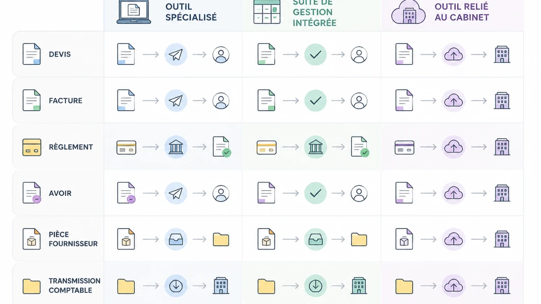 Infographie comparant trois circuits SaaS de facturation pour une SASU