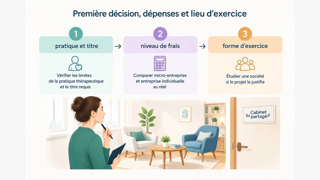 Infographie en trois décisions pour choisir le cadre d’une activité de thérapeute : pratique, dépenses et forme d’exercice.